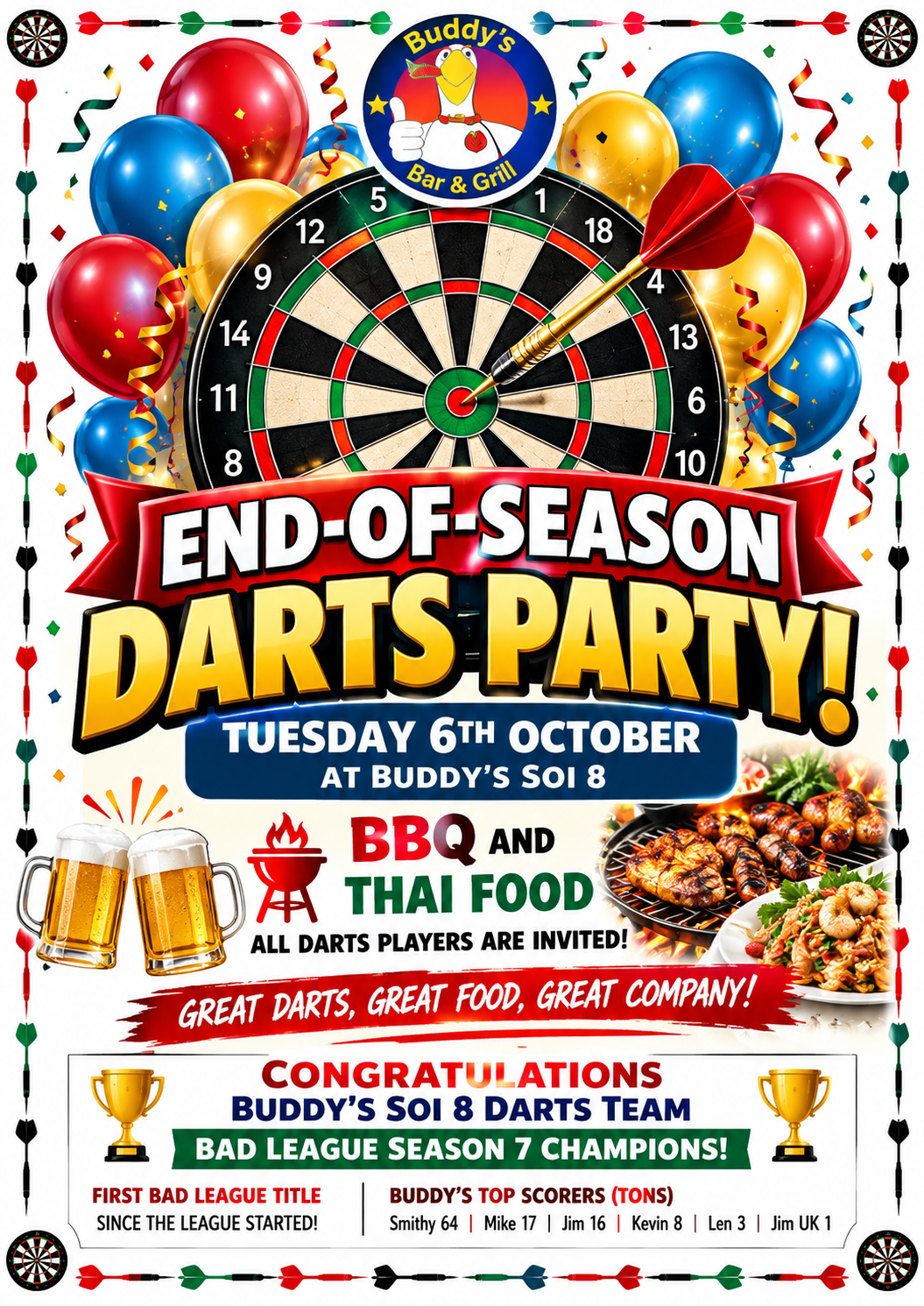 Bangkok Amateur Darts League – End of Season Party Soi 8. BBQ and Thai Food. All dart players are invited.