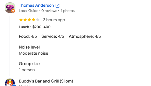 A 5-star review from a customer at Buddy's Bar & Grill Bangkok Silom, October 2026