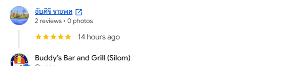 Another 5-star review from a customer at Buddy's Bar & Grill Bangkok Silom, October 2026
